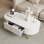 Table basse avec 2 tiroirs et coins arrondis - tcqpz - mdf laqu� blanc avec poign�es et pieds dor�s 108�50�40 ...
