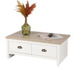 Table basse avec 2 tiroirs design colonial ? 90x53xh36 cm coloris blanc et plateau chne clair ? collection ...