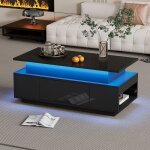 Table basse 96x45x40cm plateau relevable hydraulique avec rangement tiroir etag�res eclairage led 16 ...