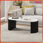 Table basse - akozon - 12239 - ovale 110x50x40 cm - plateau effet marbre noir - pieds bois naturel