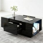 Table basse bellemave noire - plateau en verre 2 tiroirs rangements lat�raux et �clairage led dambiance ...
