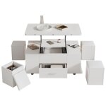 Table basse blanc avec 4 tabourets rangement et 1 tiroir plateau relevable roulettes panneau de particules ...
