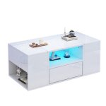 Table basse blanche 100x50x40cm laqu�e brillante avec led 1 tiroir et 6 compartiments table dappoint ...