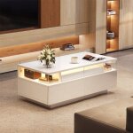 Table basse blanche 90 cm avec plateau et led - 2 tiroirs verre tremp� et design brillant - fonctionnelle ...