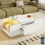 Table basse blanche brillant et verre avec �clairage led coffee table moderne avec compartiments ouvertes ...
