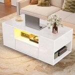 Table basse blanche brillante 100 cm avec led - 1 tiroir 2 portes et 6 casiers de rangement - design ...