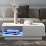 Table basse blanche avec éclairage led - 99x55x32cm - table à café - avec niche de rangement et tiroir ... Table basse blanche avec éclairage led - 99x55x32cm - table à café - avec niche de rangement et tiroir ...