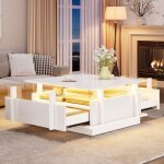 Table basse blanche haut brillant carr�e 2 tiroirs led s�parateurs acrylique petit espace - 70x70x35 ...