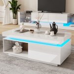 Table basse blanche laqu�e brillante avec led et tiroir