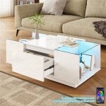 Table basse�blanche avec led par bluetooth et plateau en verre table basse de salon moderne avec rangement ...