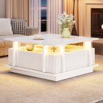 Table basse brillante avec led 70 x 70 x 35 cm 2 tiroirs et �tag�res ouvertes table de salon moderne ...