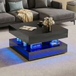 Table basse brillante avec led table de salon moderne avec rangement avec 2 tiroirs table dappoint carr�e ...
