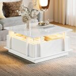 Table basse carr�e 70 cm blanc laqu� brillant - 2 tiroirs de rangement - led ambiante - �tag�res acrylique ...