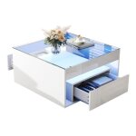 Table basse carr�e 70x70x35 cm laqu�e brillante blanche 2 tiroirs verre tremp� �clairage led salon console ...