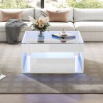 Table basse carr�e - 70x70x35cm - avec plateau en verre tremp� & 2 tiroirs - led rvb connect� par app ...