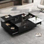 Table basse carr�e 75�75�335 cm - redom - design moderne en noir laqu� avec plateau blanc contrast�