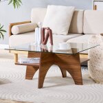 Table basse carr�e 80x80x40 cm avec plateau en verre transparent structure en mdf couleur noyer