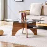 Table basse carr�e 80x80x40 cm verre tremp� transparent pi�tement mdf effet noyer table de salon / chambre ...