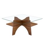 Table basse carr�e (80x80x40cm) verre tremp� moderne pieds mdf bois noyer multifonctionnelle salon / ...