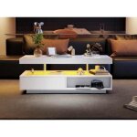 Table basse - table basse carr�e blanche brillante - �clairage led - 2 tiroirs - contemporain 95x50x425 ...