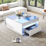 Table basse carr�e table dappoint � led avec 2 tiroirs haute brillance moderne dessus en verre tremp� ...