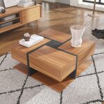 Table basse carr�e effet bois coffre de rangement avec 4 tiroirs et compartiment ouvert noir + bois pour ...