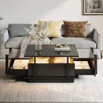 Table basse carr�e moderne 70x70x35 cm�clairage led int�gr� 2 tiroirscloison acrylique transparenteblanc ...