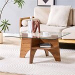 Table basse carr�e moderne design en verre tremp� avec pieds en bois noyer table basse transparente avec ...