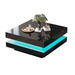 Table basse carr�e noire laqu�e brillante 70x70x36cm plateau pivotant 360� style techno moderne �clairage ...