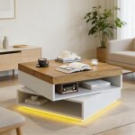 Table basse carr�e pivotante 65 cm avec led et rangement ouvert table de salon blanc et bois moderne