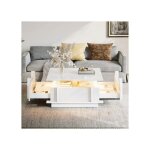 Table basse carr�e salon blanc brillant avec led 2 tiroirs de rangement et rebords en acryliques 70x70x35 ...