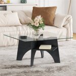 Table basse carr�e scandinave en verre tremp� avec pieds en bois noir stabilit� table basse�salon avec ...