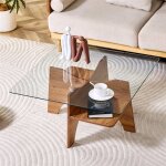 Table basse�carr�e en verre tremp� avec pieds en bois noyer table basse�salon transparente moderne avec ...