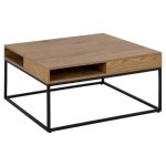 Table basse carr�e willford en m�lamine avec d�cor en ch�ne et cadre m�tallique noir.