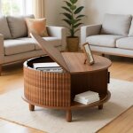 Table basse � clapet - table de salon ronde en bois - compartiment de rangement - compartiment ouvert ...