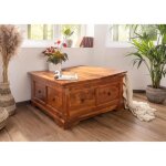 Table basse coffre - bois massif dacacia laqu� (miel) - style colonial - oxford #0415
