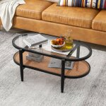 Table basse - costway - ovale 2 niveaux - cadre bois noir - plateau verre tremp� - �tag�re rotin pe