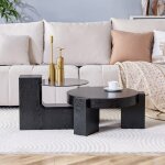 Table basse d�montable 61x30cm - plateau verre gris transparent pieds mdf noir imitation bois - salon ...