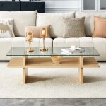 Table basse double plateau verre tremp� mdf finition bois naturel design moderne salon bureau 115x55x40cm ...