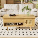 Table basse �l�gante avec plateau relevable et portes en rotin couleur bois avec accents noirs id�ale ...
