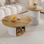 Table basse ensemble double table rondetable dappoint avec lattes en bois naturel. table de salon multifonctio ...