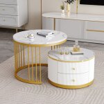 Table basse - ensemble de tables rondes - blanc - 2 pi�ces - aspect marbre brillant - tiroirs int�gr�s ...