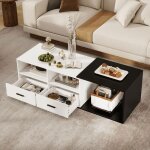 Table basse extensible table basse coulissante rectangulaire 2 tiroirs et 2 niveaux de rangement 145 ...