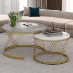 Okwish tables basses gigognes 70x70x45cm tables dappoint rond cadre en mtal placage de marbre blanc ...