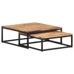 Tables basses gigognes - pou - bois dacacia massif - 70x68x27cm - 60x60x21cm - fer enduit noir