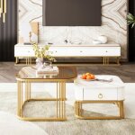 Table basse gigogne - fa�on marbre & verre marron th� - lot 2 imbriqu�es - tiroirs � poign�e dor�e - ...