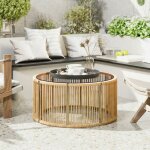 Table basse de jardin ronde en r�sine tress�e plateau en verre tremp� et cadre en acier galvanis� 70x70x33cm ...