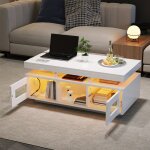 Table basse avec led 100�50�43 cm table de salon brillante avec prise et port usb deux portes et espace ...