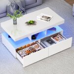 Table basse led - adwolt - 104x53x46cm - 2 tiroirs - blanc - design moderne