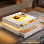 Table basse led contr�l�e par app en verre blanche brillant plateau avec tiroirs moderne coffee table ...